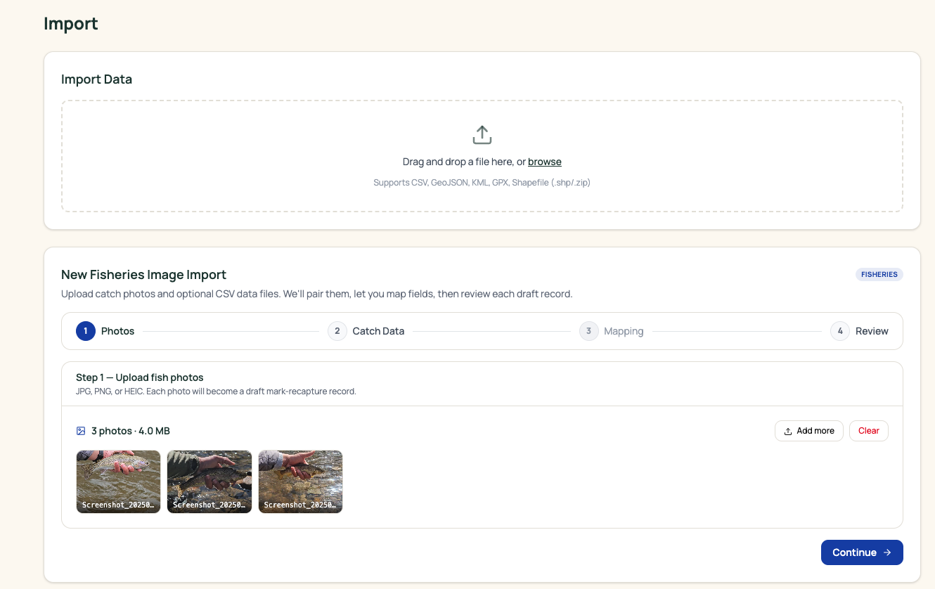 Driftwise screenshot: Upload Photos & CSVs — Fisheries