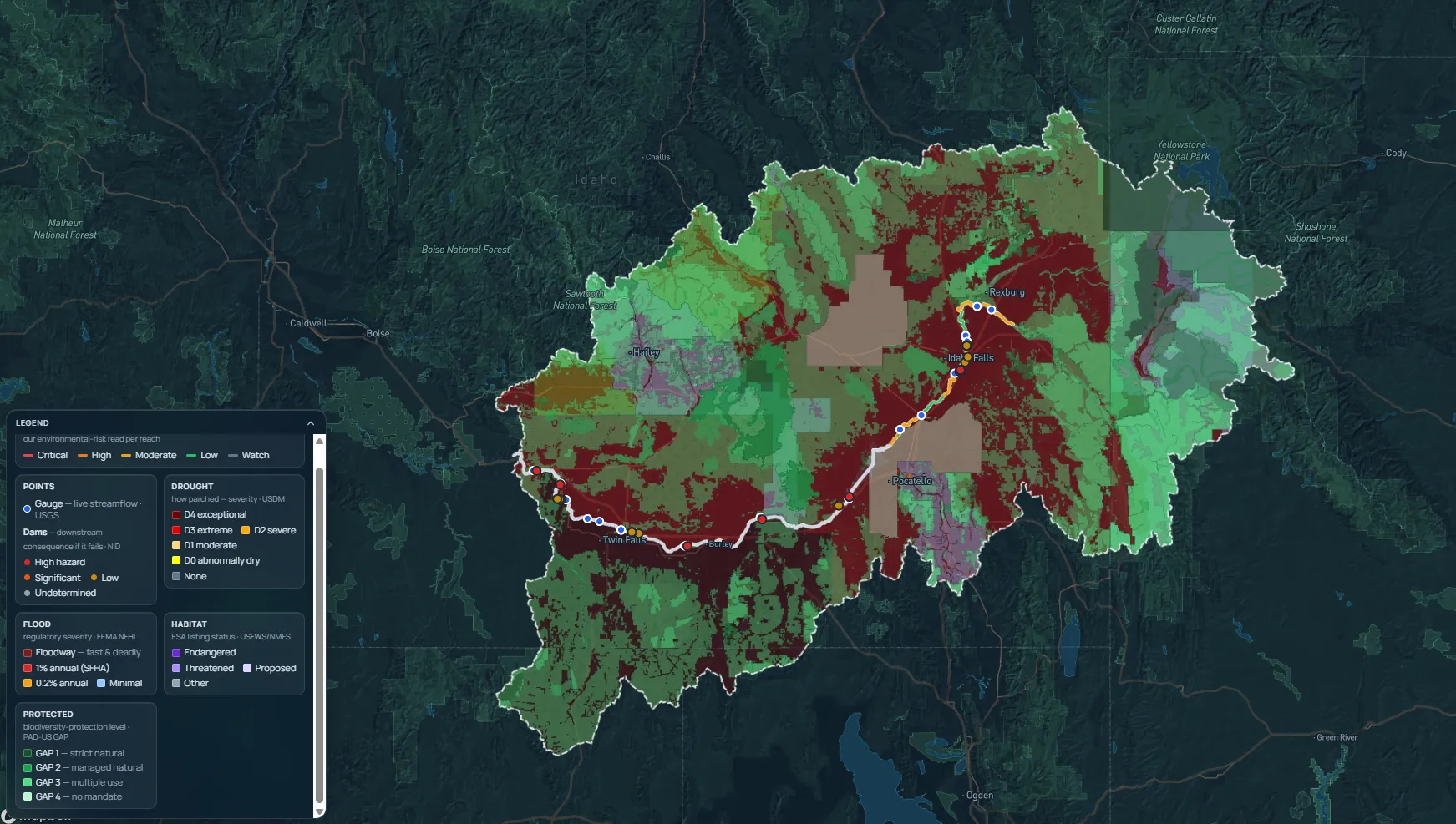 Driftwise Environmental Risk corridor map: every stream reach scored 0–100 and color-coded from Critical to Watch, over gauge, dam, drought, flood, and habitat layers