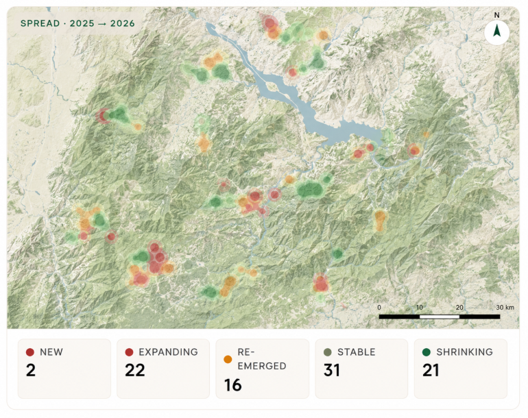 Driftwise Spread & Priority Intelligence panel: Spread Modeling — Year-over-year hotspot delta