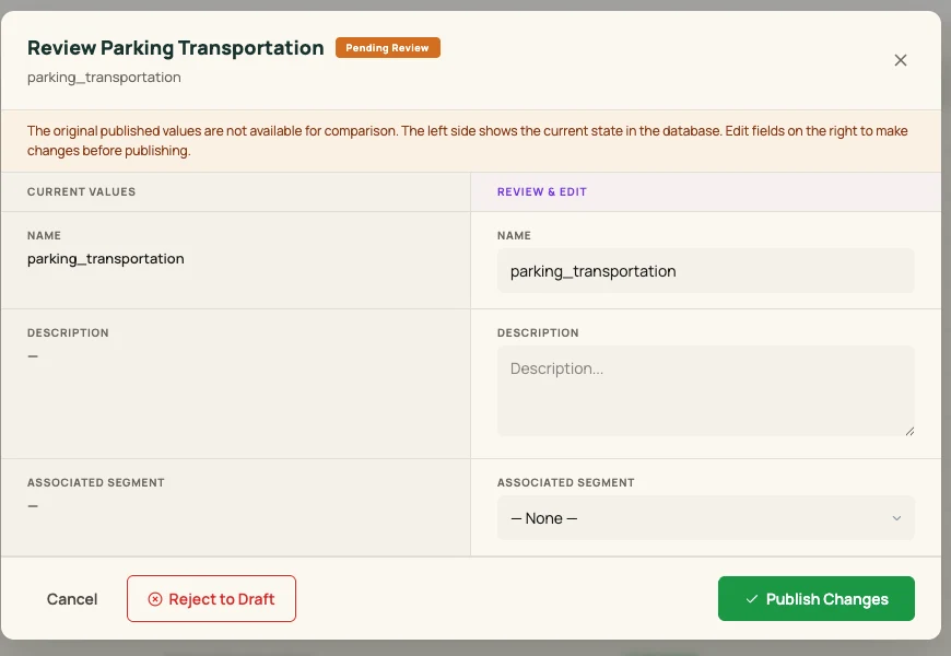 Driftwise review dialog for a pending status change, showing current values beside editable fields with Reject to Draft and Publish Changes