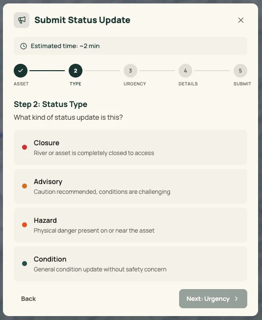 Driftwise Submit Status Update wizard, Step 2: choosing a status type — Closure, Advisory, Hazard, or Condition — across a five-step Asset, Type, Urgency, Details, Submit flow